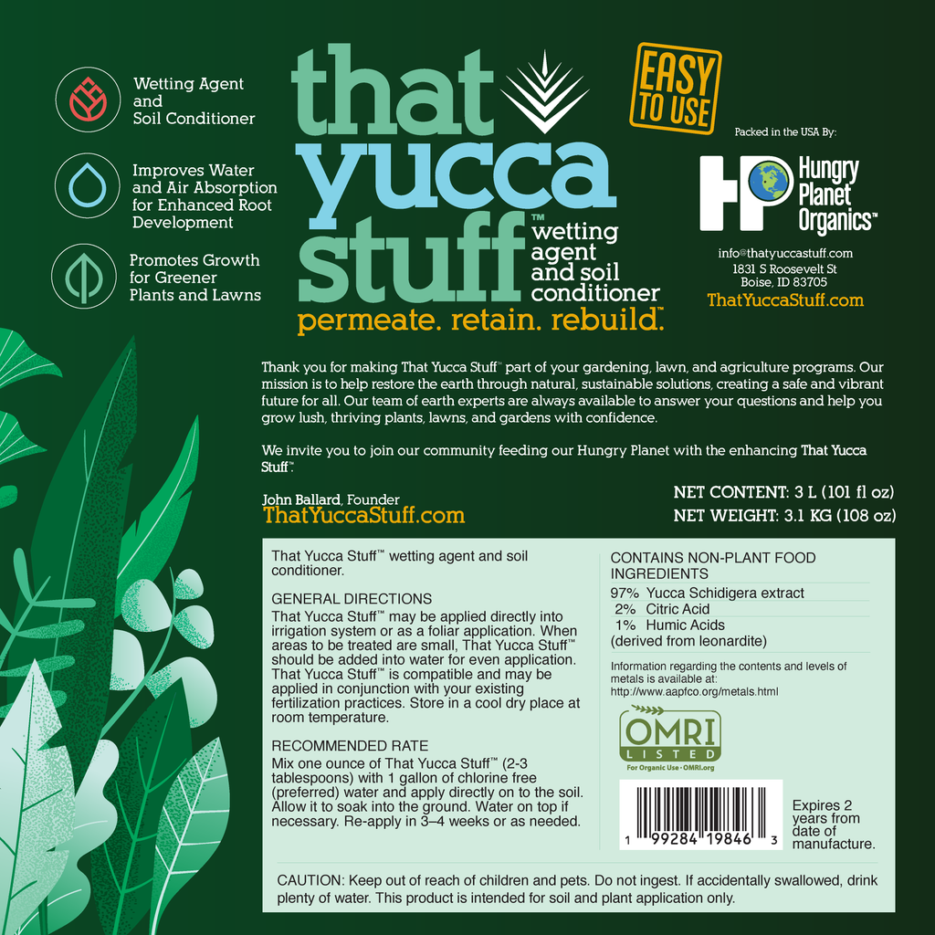 ThatYuccaStuff™| OMRI Listed for Organic Production| Soil Conditioner & Wetting Agent| 97% Yucca Schidigera Extract with Citric & Humic Acids| Boosts Water Penetration| Eco-friendly| 3L (101 fl oz)