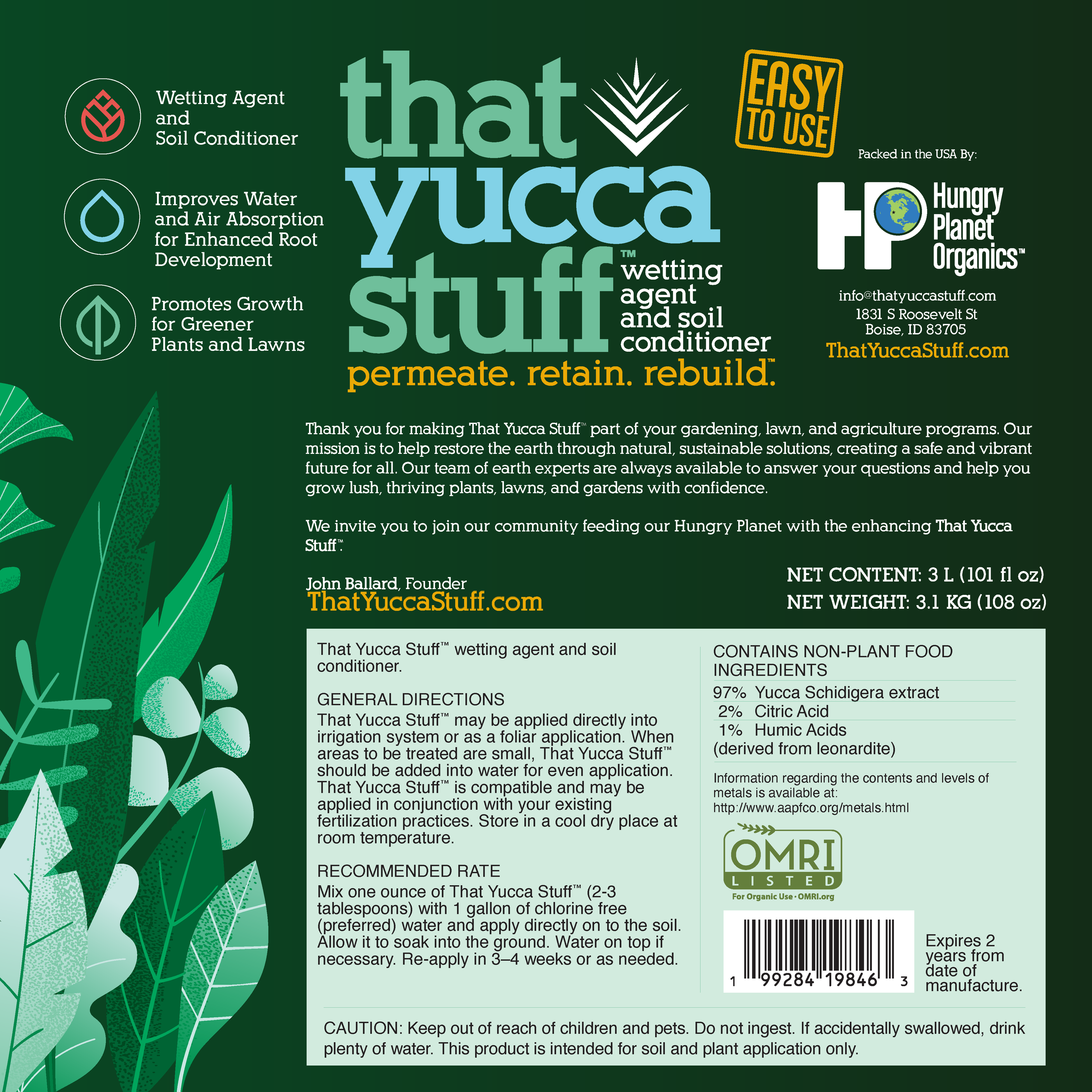 ThatYuccaStuff™| OMRI Listed for Organic Production| Soil Conditioner & Wetting Agent| 97% Yucca Schidigera Extract with Citric & Humic Acids| Boosts Water Penetration| Eco-friendly| 3L (101 fl oz)